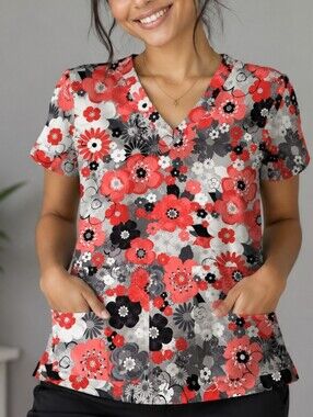 Med Couture Red and Gray Floral Scrub Top